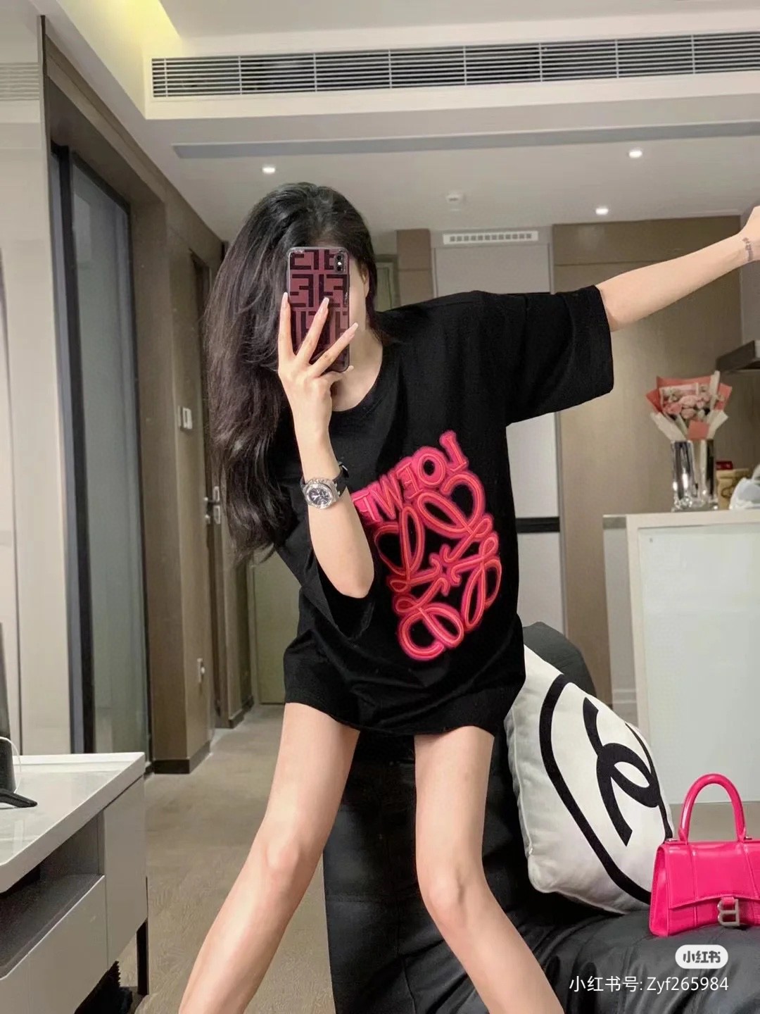 Loewe Neon Embroidered Fluorescent Pink Short Sleeve T-Shirt -2