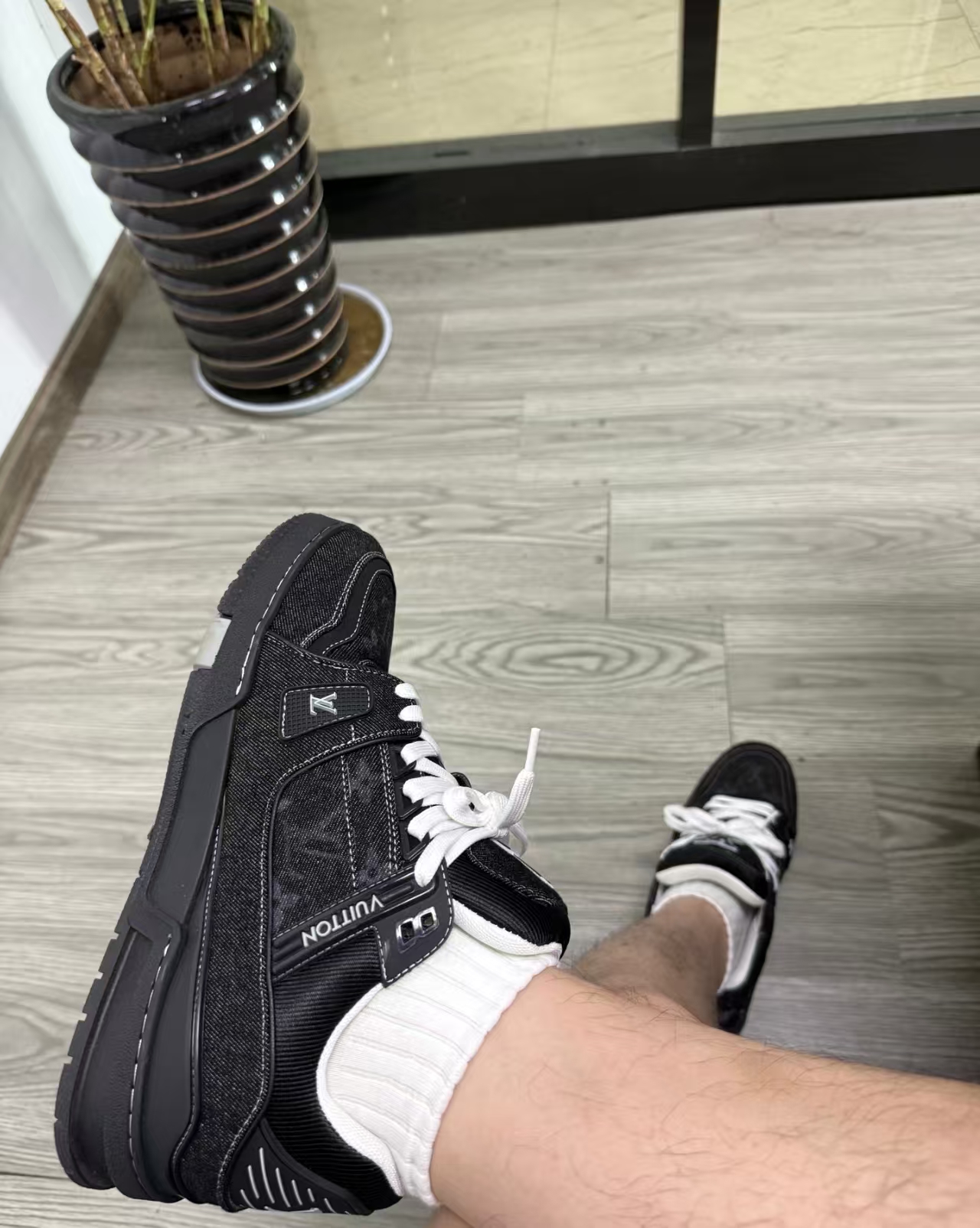 FLAME God LOUIS VUITTON Trainer Sneakers Black Denim Fabric 1AHSZJ review HSDAT