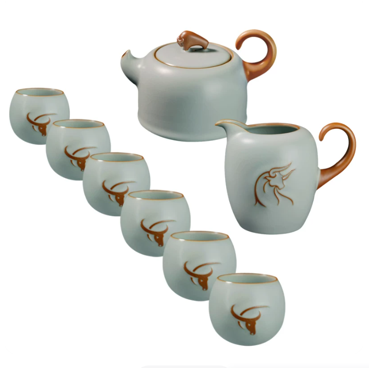 青澹汝窑茶壶套装家用客厅功夫茶具景德镇仿古陶瓷开片可养礼盒装