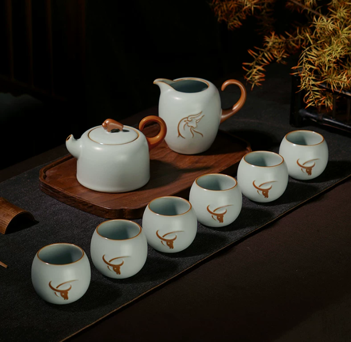 青澹汝窑茶壶套装家用客厅功夫茶具景德镇仿古陶瓷开片可养礼盒装