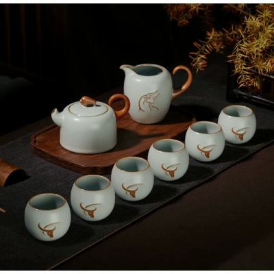 青澹汝窑茶壶套装家用客厅功夫茶具景德镇仿古陶瓷开片可养礼盒装 01