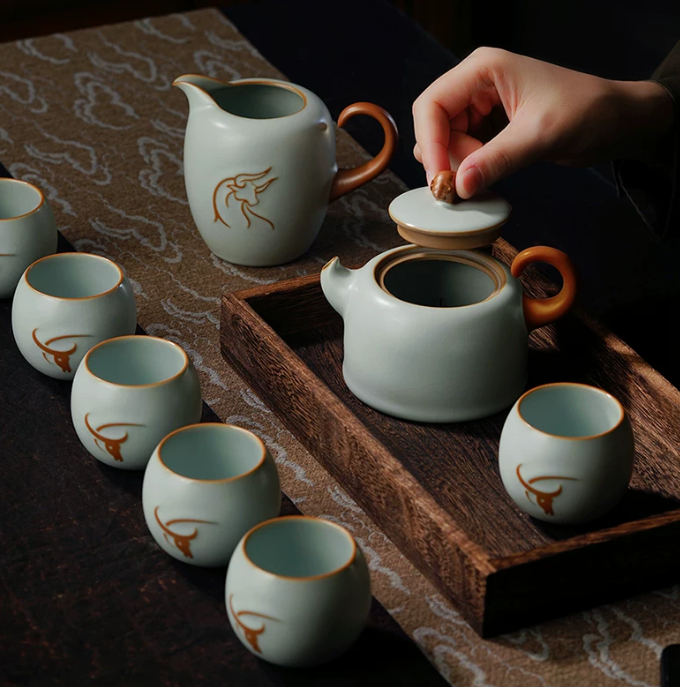 青澹汝窑茶壶套装家用客厅功夫茶具景德镇仿古陶瓷开片可养礼盒装