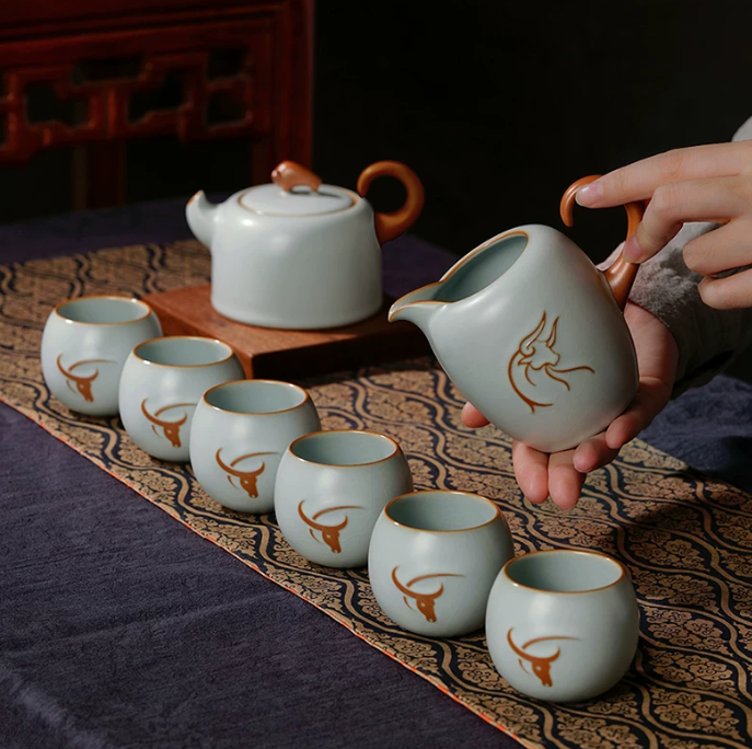 青澹汝窑茶壶套装家用客厅功夫茶具景德镇仿古陶瓷开片可养礼盒装