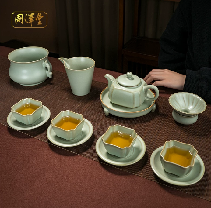 周泽堂汝窑高端茶具套装送礼景德镇手工复古礼品陶瓷汝瓷开片可养