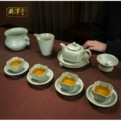 周泽堂汝窑高端茶具套装送礼景德镇手工复古礼品陶瓷汝瓷开片可养 01