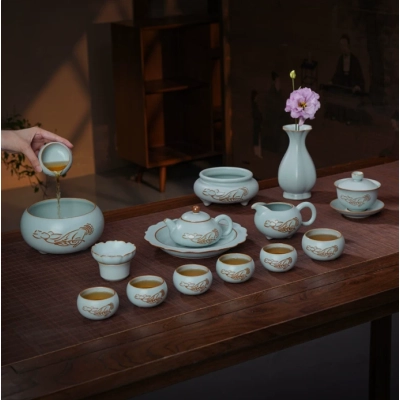 青澹汝窑高端茶具套装礼盒装景德镇手工复古礼品陶瓷汝瓷开片可养 01