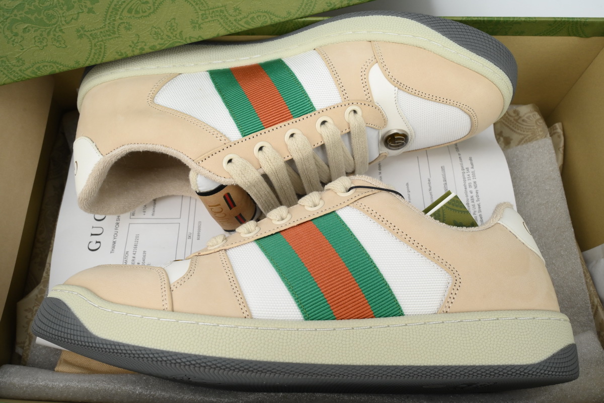 Gucci Screener Sneaker Beige Leather Green Orange Web 577684 2C830 9150