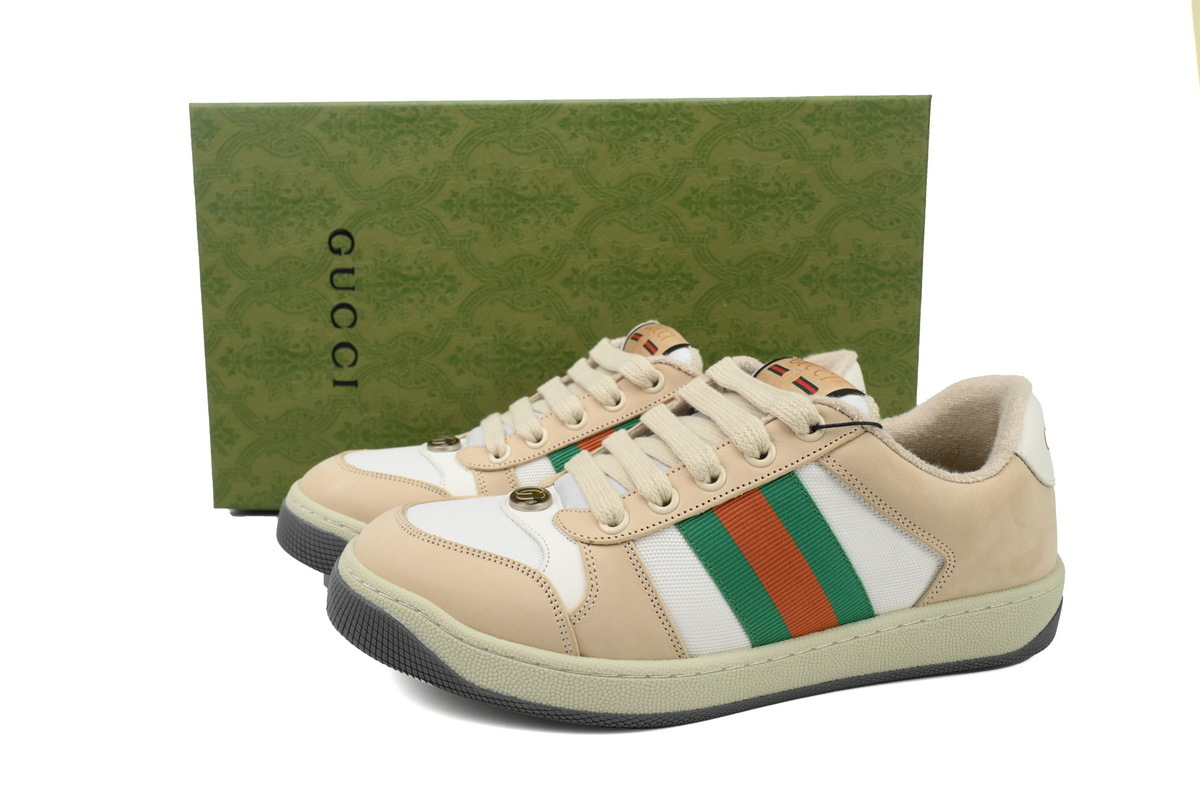 Gucci Screener Sneaker Beige Leather Green Orange Web 577684 2C830 9150
