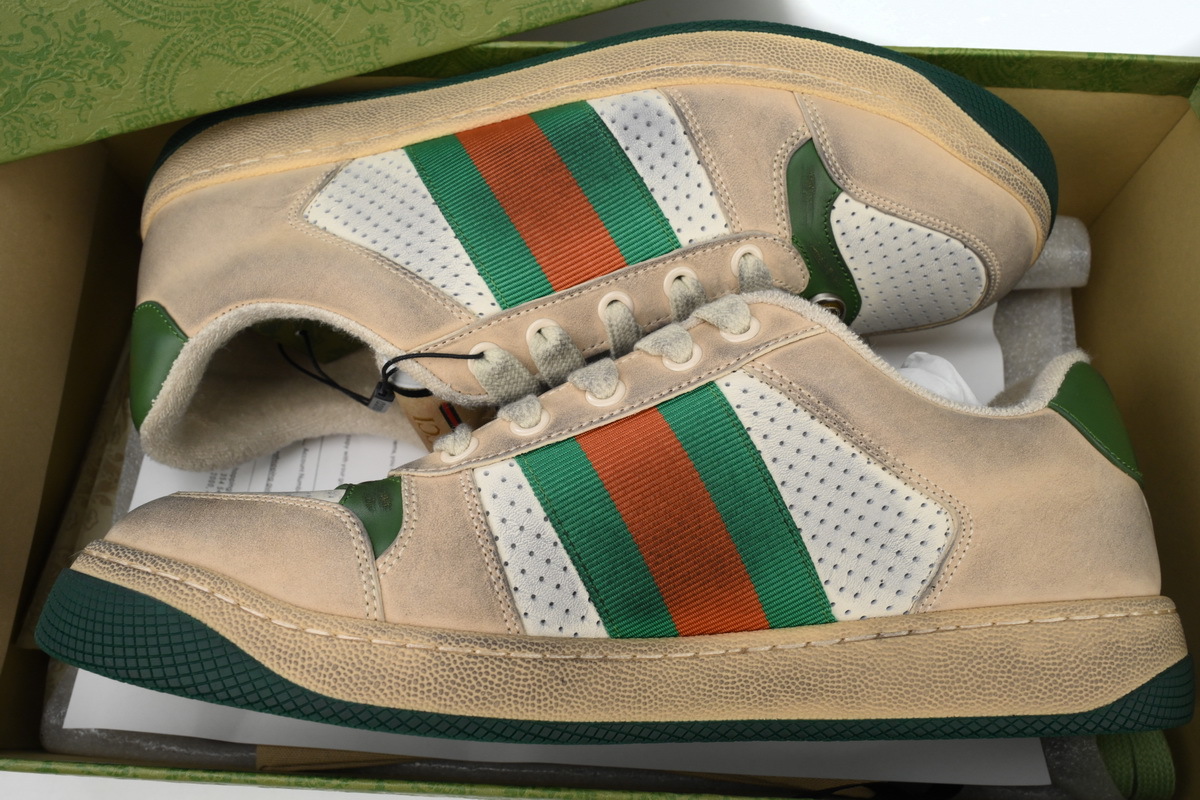 Gucci Screener Sneaker Beige Leather Green Orange Web 546163 0Y120 9582