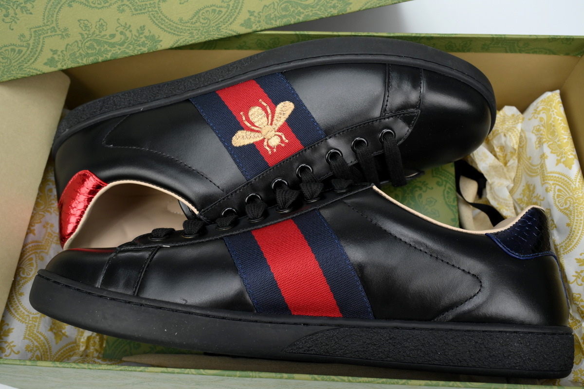 Gucci Ace Bee Embroidered Leather Sneaker with Web - 602129 G4GG 09085
