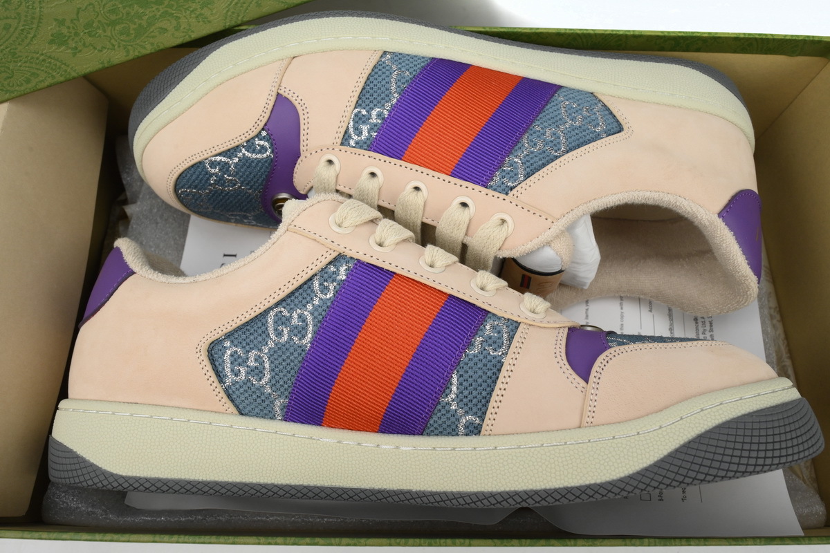 Gucci Screener Sneaker Beige Leather Blue Silver GG Purple Orange Web 577684 2C830 4690