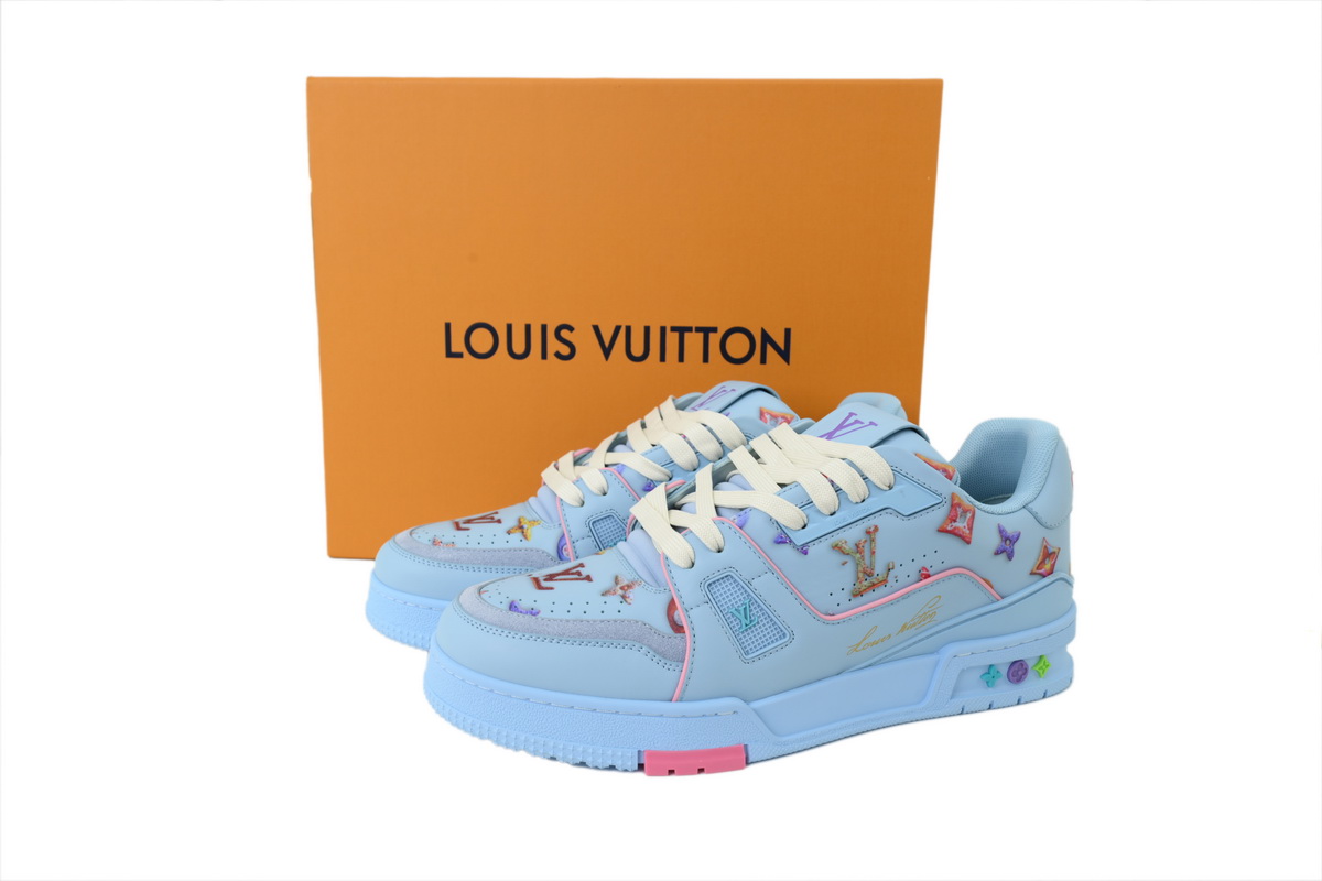 Louis Vuitton LV Trainer Style Sky Blue Multicolor Monogram Leather Sneaker