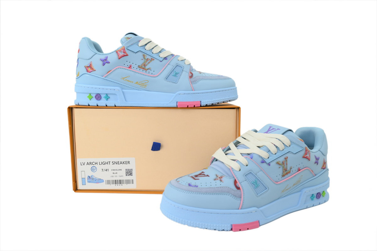 Louis Vuitton LV Trainer Style Sky Blue Multicolor Monogram Leather Sneaker