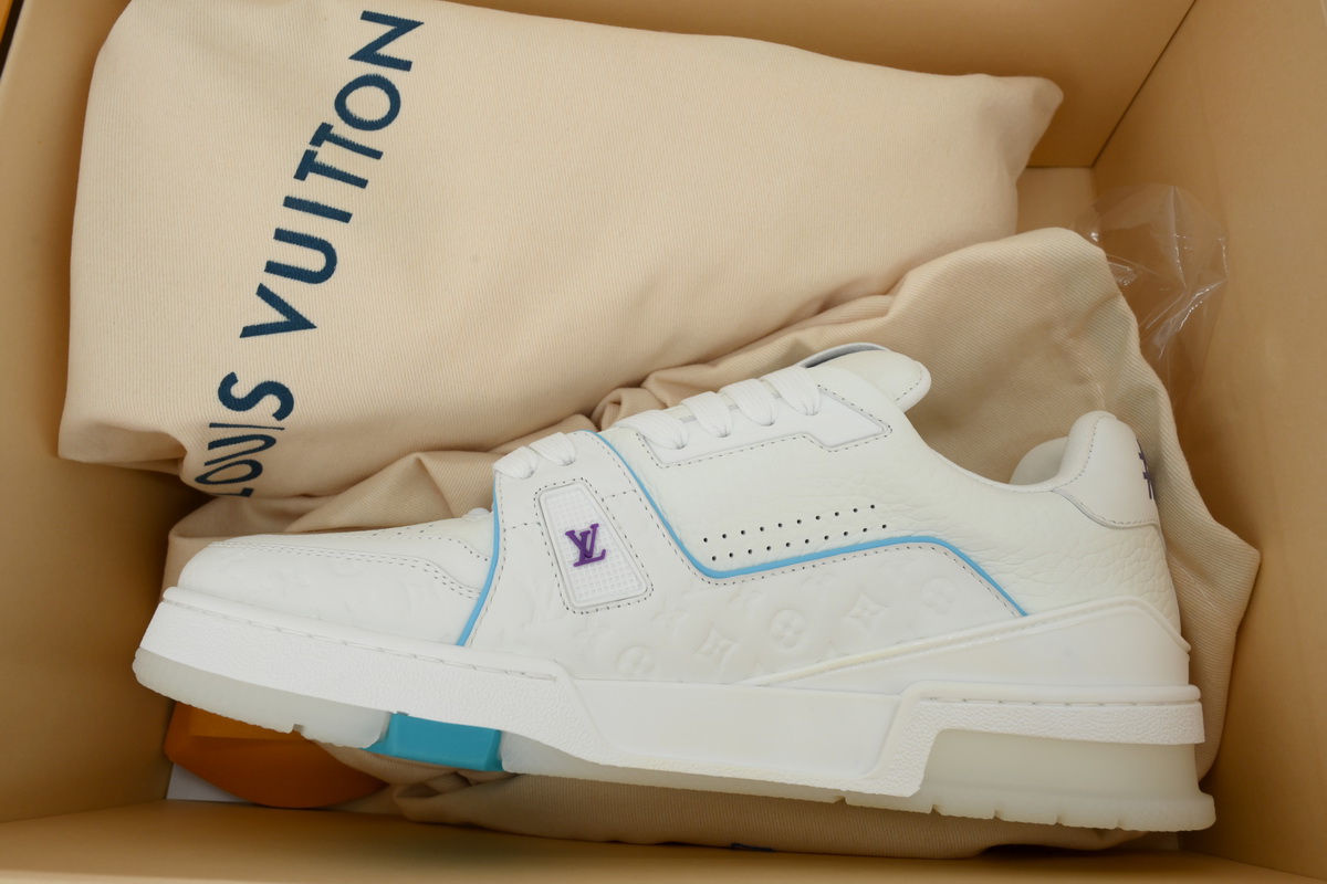Louis Vuitton LV Trainer Style White Blue Monogram Leather Sneaker