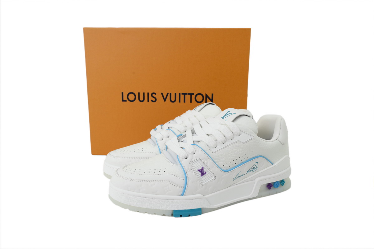 Louis Vuitton LV Trainer Style White Blue Monogram Leather Sneaker