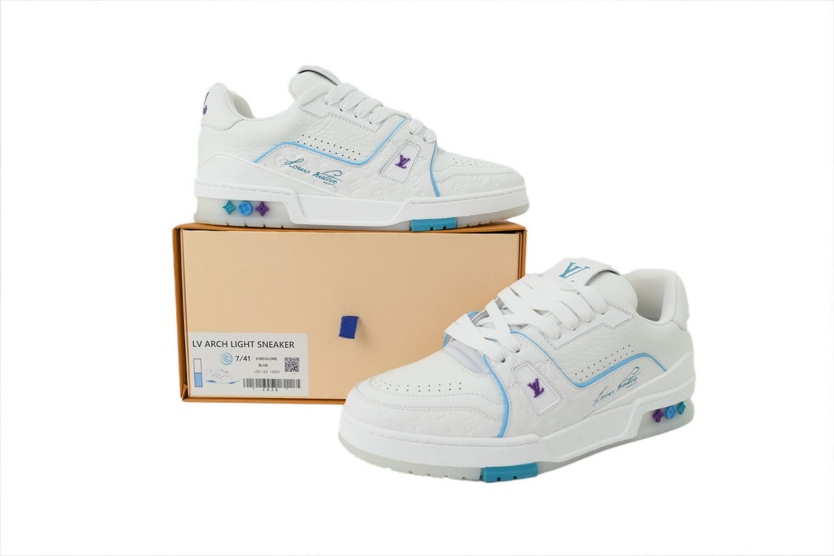 Louis Vuitton LV Trainer Style White Blue Monogram Leather Sneaker