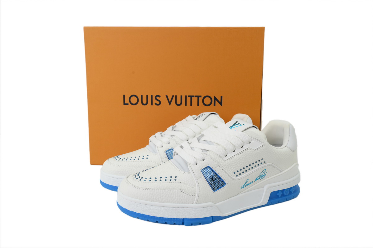 Louis Vuitton LV Trainer Style White Blue Perforated Leather Sneaker