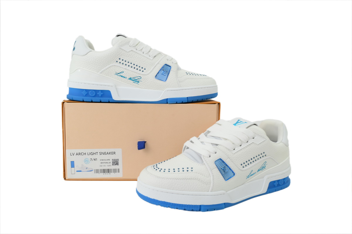Louis Vuitton LV Trainer Style White Blue Perforated Leather Sneaker