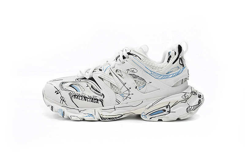 Tênis Balenciaga Track Branco, Preto e Azul com Estampa de Grafite W3SRA 9014