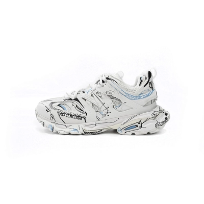 Zapatillas deportivas Balenciaga Track, blanco, negro y azul, con estampado de graffiti, W3SRA 9014 01