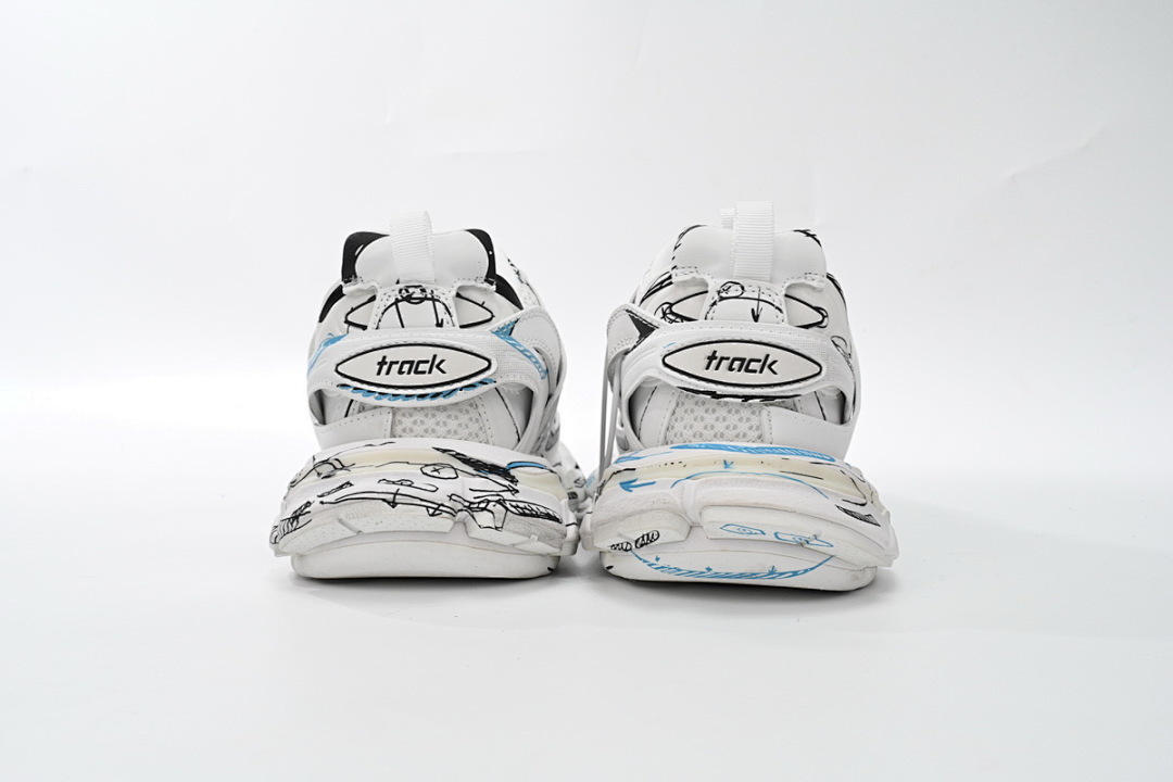 Tênis Balenciaga Track Branco, Preto e Azul com Estampa de Grafite W3SRA 9014