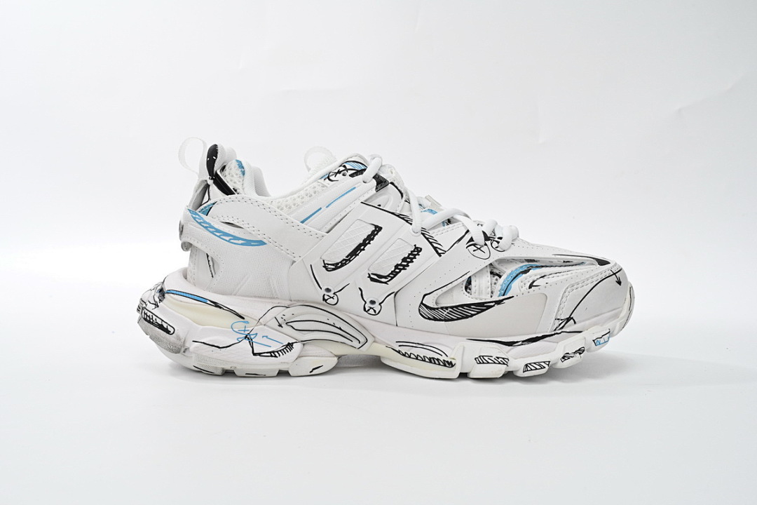 Tênis Balenciaga Track Branco, Preto e Azul com Estampa de Grafite W3SRA 9014