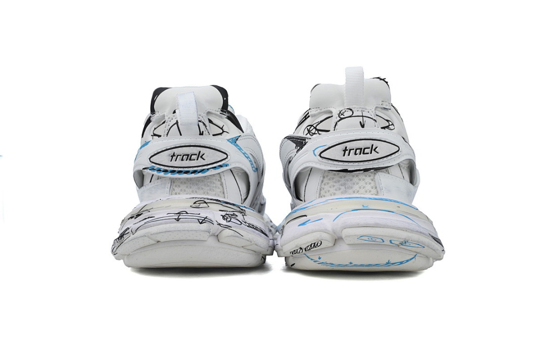 Tênis Balenciaga Track Branco, Preto e Azul com Estampa de Grafite W3SRA 9014