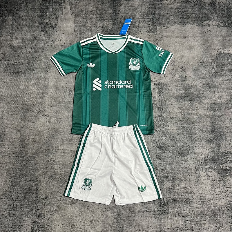 Kids 2026 Liverpool Green Away Jersey Set White Shorts