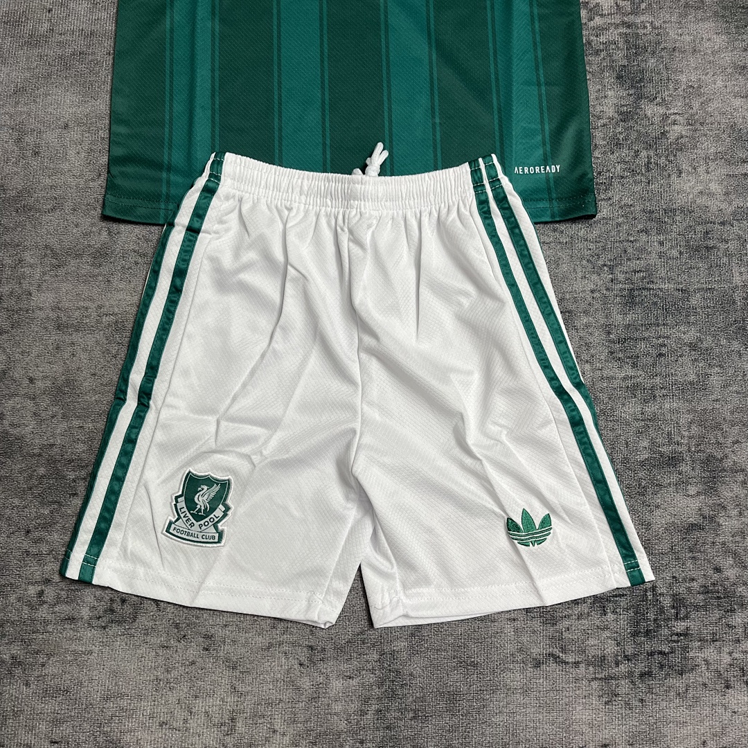 Kids 2026 Liverpool Green Away Jersey Set White Shorts