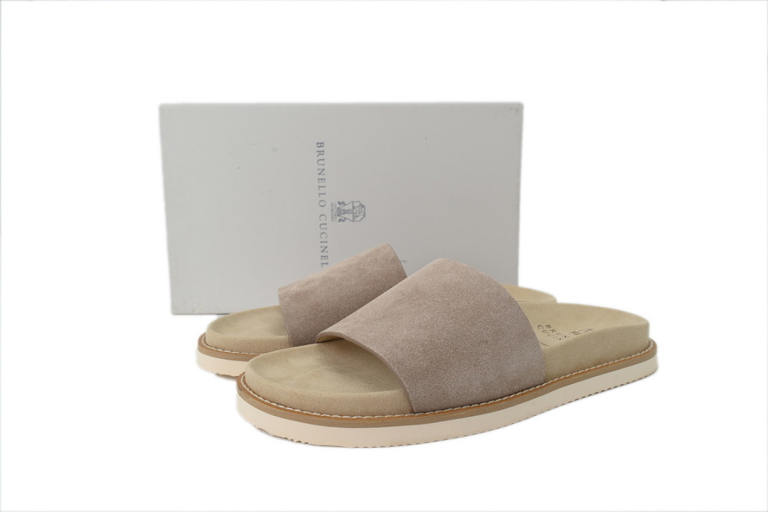 Brunello Cucinelli Suede Slide Sandals Beige