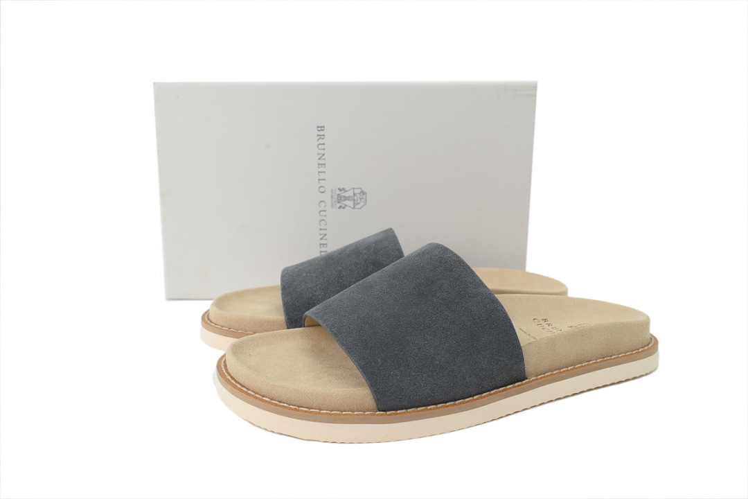 Brunello Cucinelli Suede Slide Sandals Grey