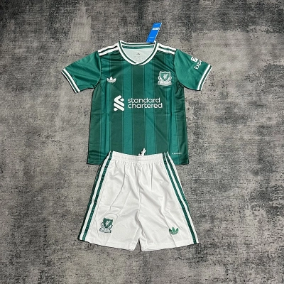  2026 Kids Liverpool Green Away Jersey Set White Shorts 01