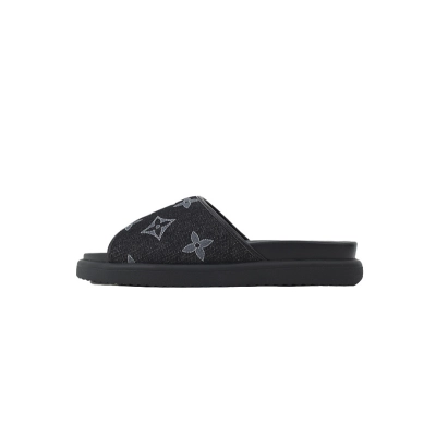 LOUIS VUITTON Pantoufles en tissu denim noir 01