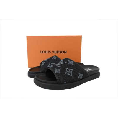 LOUIS VUITTON Pantoufles en tissu denim noir 02