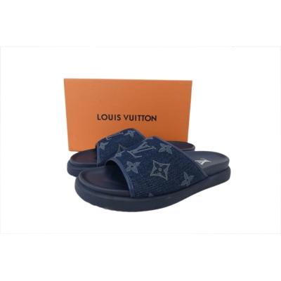 LOUIS VUITTON Pantoufles en tissu denim bleu 02