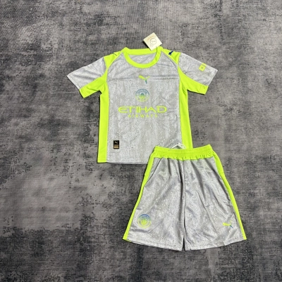 Manchester City Grey Neon Yellow Kids Jersey Set 01