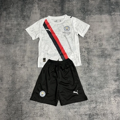 Manchester City White Red Black Kids Jersey Set 01
